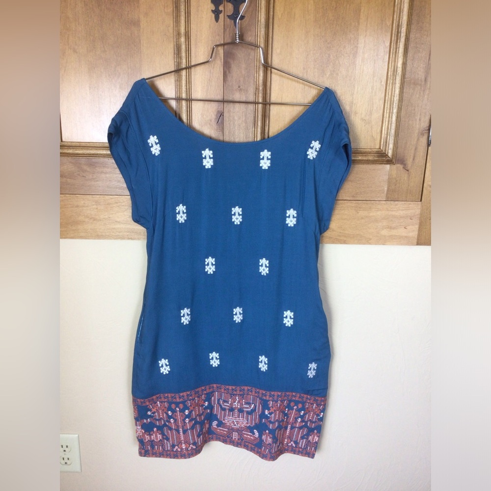 THML Anthropologie rayon bohemian embroidery blue dress
